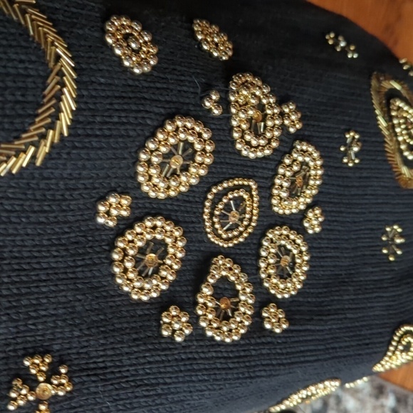 Vtg 80s black knit gold beads "Dynasty" style cotton tunic cowl sweater sz S - Picture 5 of 16